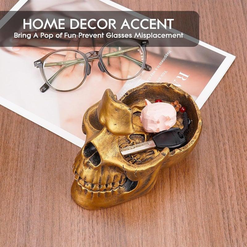 BUNCHBRAVO Skull Glasses Holder with Tray - Gothic Resin Eyeglasses Stand and Sunglasses Organizer for Entryway, Home, Office, Desk, Rustic Gold - Image 4
